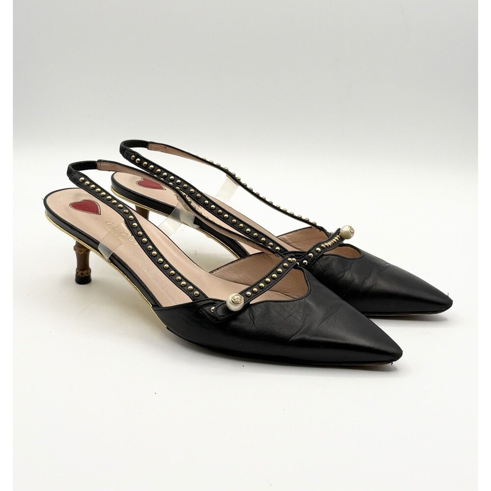 Gucci Black Leather Slingback Pumps w/ Pearl Accents & Bamboo Heel Sz EU 37